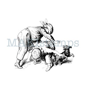 Puede incluir: Ilustración vintage en blanco y negro de dos niños jugando con un perro. Los niños visten ropa antigua. El perro está saltando. Las palabras "MA" y "STAMPS" son visibles en la imagen.