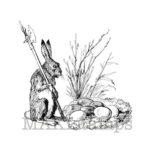 Rabbit stamp / Bunny with lance and nest of eggs / Craft rubber stamp (130710)