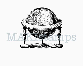 Sello de goma de globo terráqueo medieval (opción de sello de goma sin montar o adhesivo) (250201)