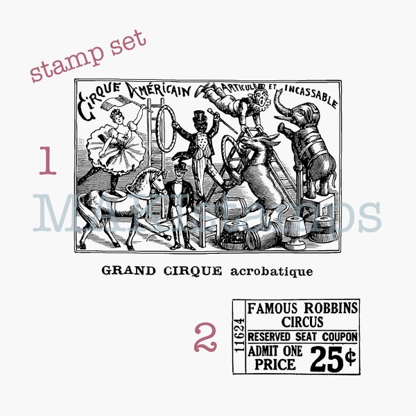 Zirkus Stempel Collage Set mit kleiner Eintrittskarte aus altem Spielzeugkatalog von 1912 - unmontiert oder auf Haftschaum (220305)
