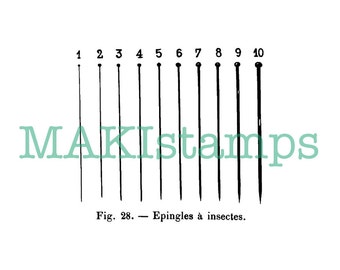 May include: A black and white image showing a size chart for insect pins. The chart shows ten pins of different sizes, labeled 1 through 10. The text "Fig. 28. - Epingles à insectes." is below the chart.