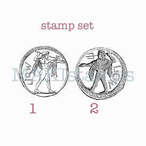 Set di timbri in gomma 2 monete greche antiche - timbro in gomma non montato o timbro adesivo (220405)