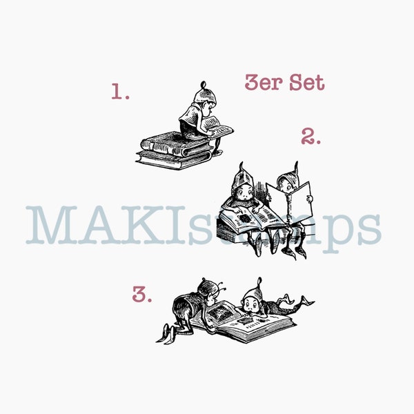 Brownies with books rubber stamp set of three - unmounted rubber stamp or cling stamp option (200214)