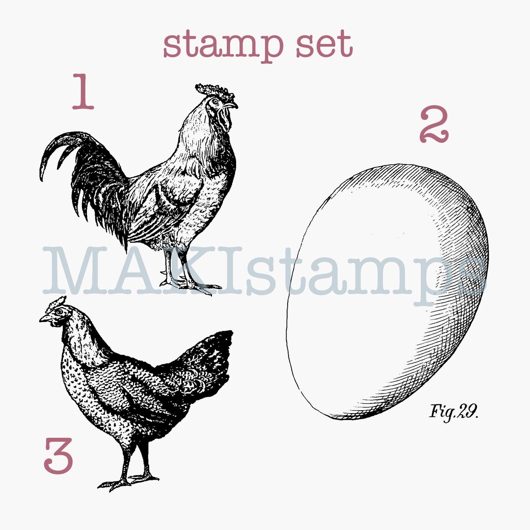 Rubber Stamp Set Hen and Rooster With Egg - Unmounted Rubber Stamp or ...