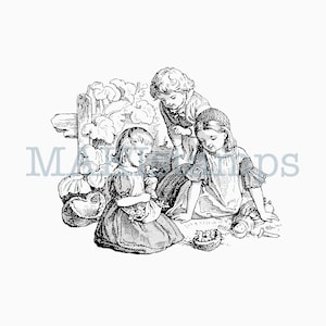 Könnte beinhalten: Schwarz-Weiß-Illustration von drei Kindern in der Nähe eines Zauns und Kürbissen. Ein Kind sitzt und hält einen kleinen Korb, während die anderen zusehen. Das Bild hat eine Vintage-Ästhetik eines Bilderbuchs.