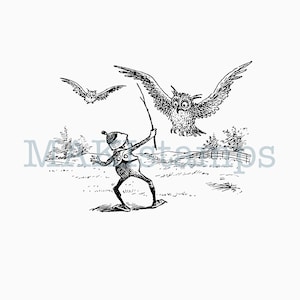 May include: A black and white line art illustration featuring a small figure wearing a cap and holding a stick, facing a large owl with spread wings. A smaller owl flies in the background above a landscape with a fence and trees.