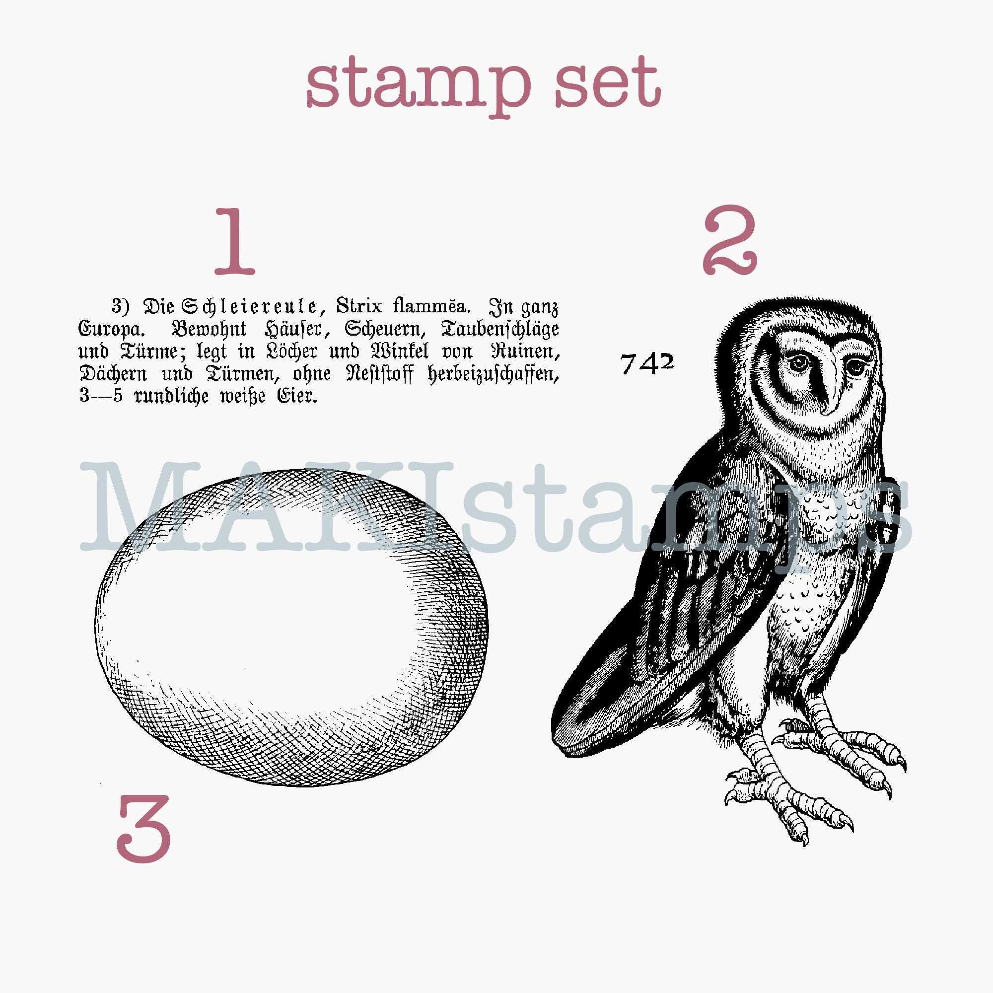 Rubber stamp set barn owl with egg and german text - unmounted rubber stamp or cling stamp option (2