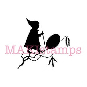 Easter silhouette rubber stamp little imp with egg on birch branch - unmounted or cling stamp (170209)