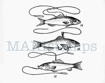 Fishing rubber stamp fishes on the hook - unmounted or cling stamp (170510)