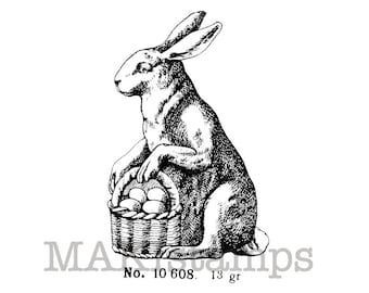 Easter stamp vintage german  Easter bunny with egg basket - unmounted rubber stamp or cling foam option (130706)