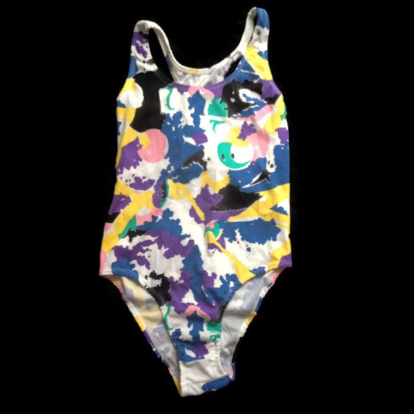 80's Bodysuit / 1980's Fitness Romper / Activewear Jumpsuit / Athletic / White & Neon Print / Multi-Coloured / MILI / Medium Med M