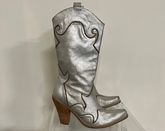 9.5 - Y2K Silver Metallic Cowboy Heel Boots