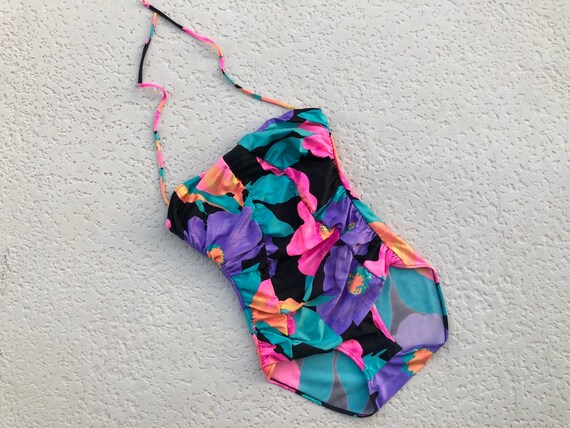 SM - 80's Designer Floral Ruched Halter Swimsuit