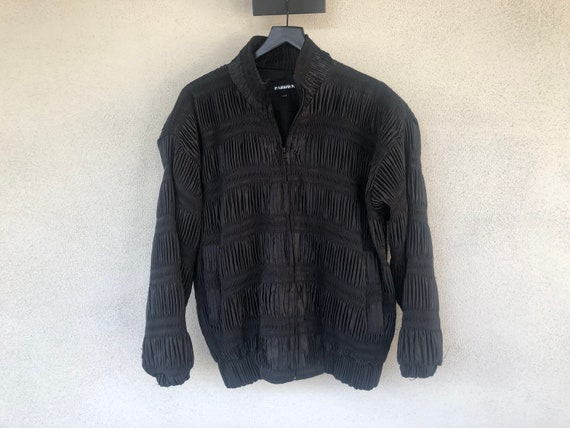 80's Black SILK Ruffle Bomber Jacket with Shoulder