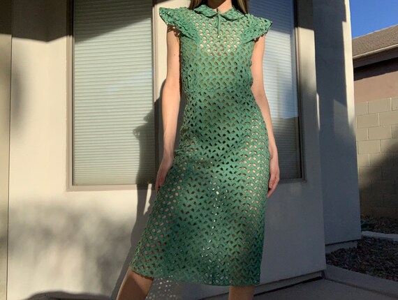 1930's Futuristic Cut-Out Crochet Green Dress