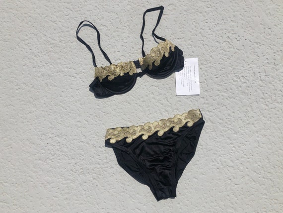 1980’s Deadstock Gold Lace Trim Black Bikini by Su