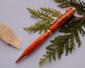 Amboyna Burl Pen, Feminine Pen, Pen for Women, Women's Wood Pen, Business Pen, Elegant Pen, Personalized Pen, Slimline Pen, Red Engraved Pen