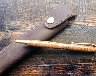 Handmade Burl Pen with Leather Sleeve ~ Gift for Writer, Doctor, Graduate, Poet ~ Free Engraving ~ Hand Turned in the USA