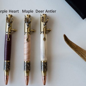 Gold Embossed Deer Antler Pen Set With Tactical Rifle Case-Rifle Case Pen Set-Deer Antler Custom Pen-Deer Antler-Custom Pen-Hunter Gift image 1