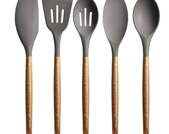 Non-Stick Silicone Cooking Utensils Set with Natural Acacia Hard Wood Handle, 5 Piece, Grey, High Heat Resistant