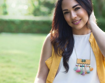 Colorful Ombre Tassel Statement Necklace, Multicolored Tassel Fringe Bib Necklace, Boho Jewelry