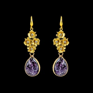 Floral Amethyst Earrings, Gold Flower Cluster Earrings with Amethyst Gemstones, Purple and Gold Party Earrings, Floral earrings, Wife Gift image 2