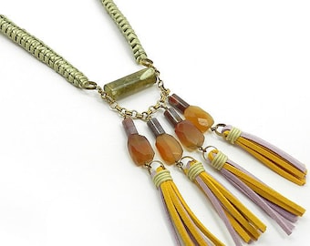 Mustard Tassel Necklace Long Statement Necklace Stone Tassel Jewelry Chunky Necklace Big Tassel Necklace with Stone Beads Yellow Necklace