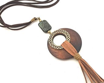 Boho Wooden Necklace Brown and Gold  Wood and Leather Necklace Rustic Neutral Bohemian, Natural Wood Necklace Stone Brass, Gift For Her/Mom