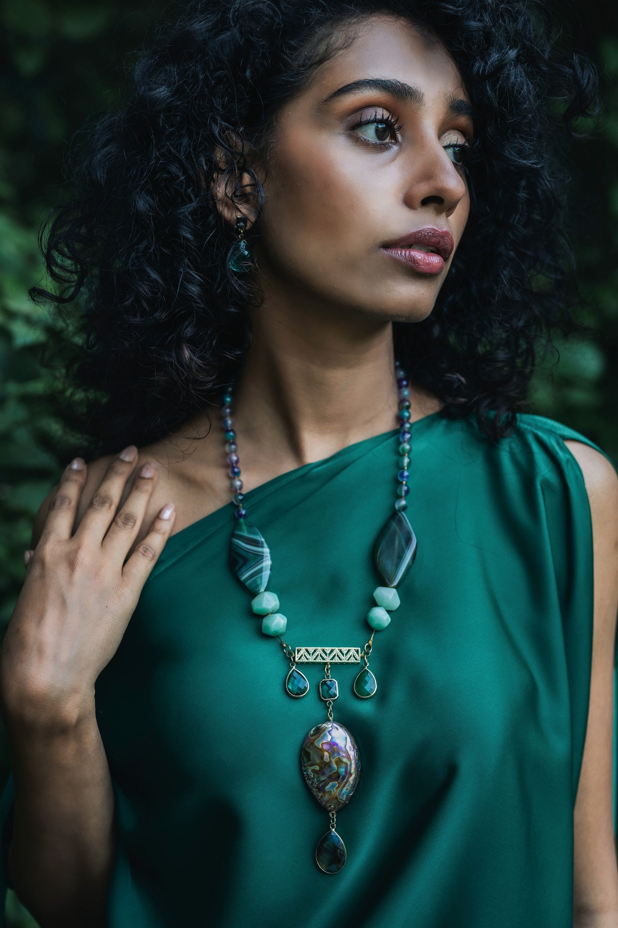 Emerald Green Gemstone Statement Necklace, Abalone Shell, Statement