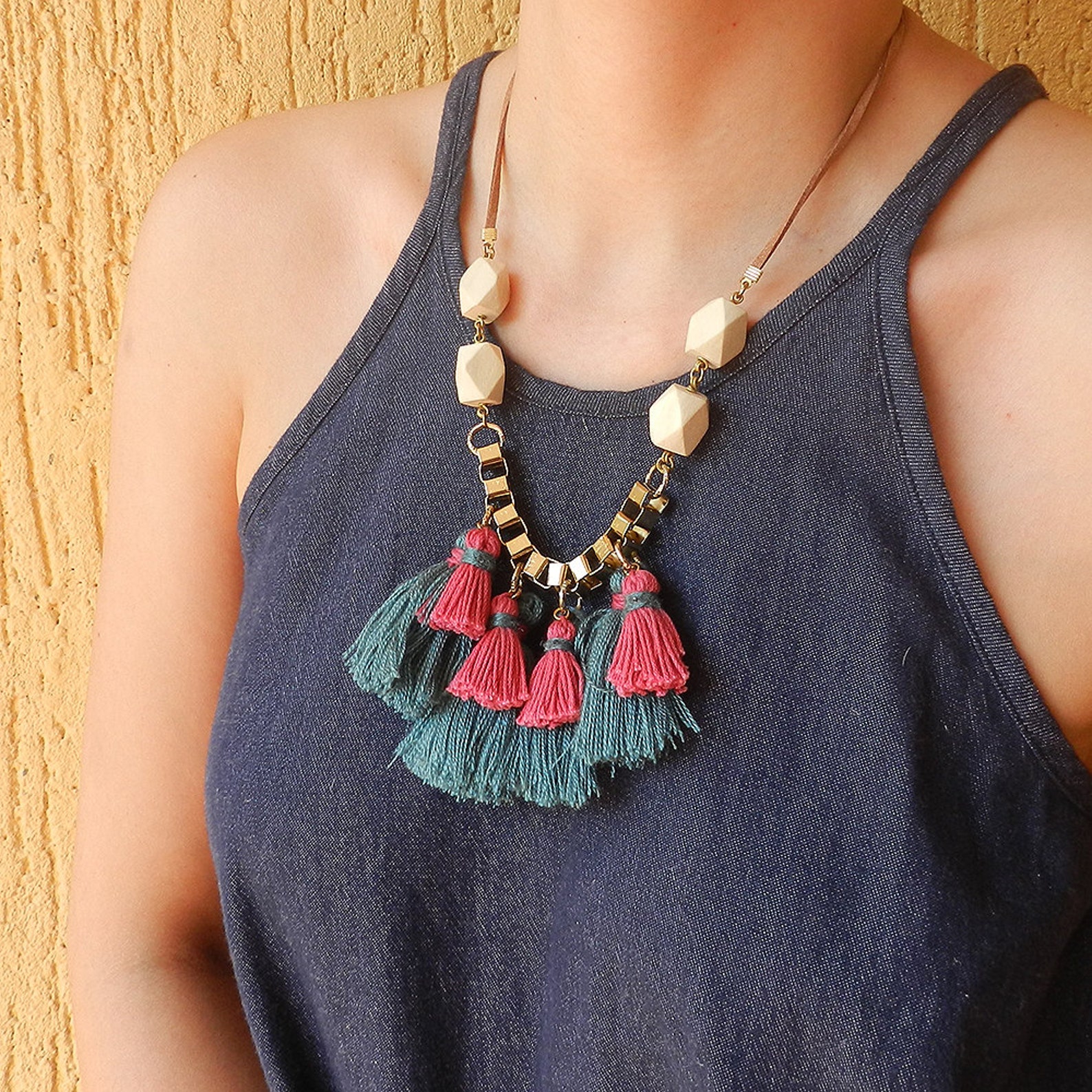 Red and green Tassel bib Necklace Fringe Necklace Tassel Etsy