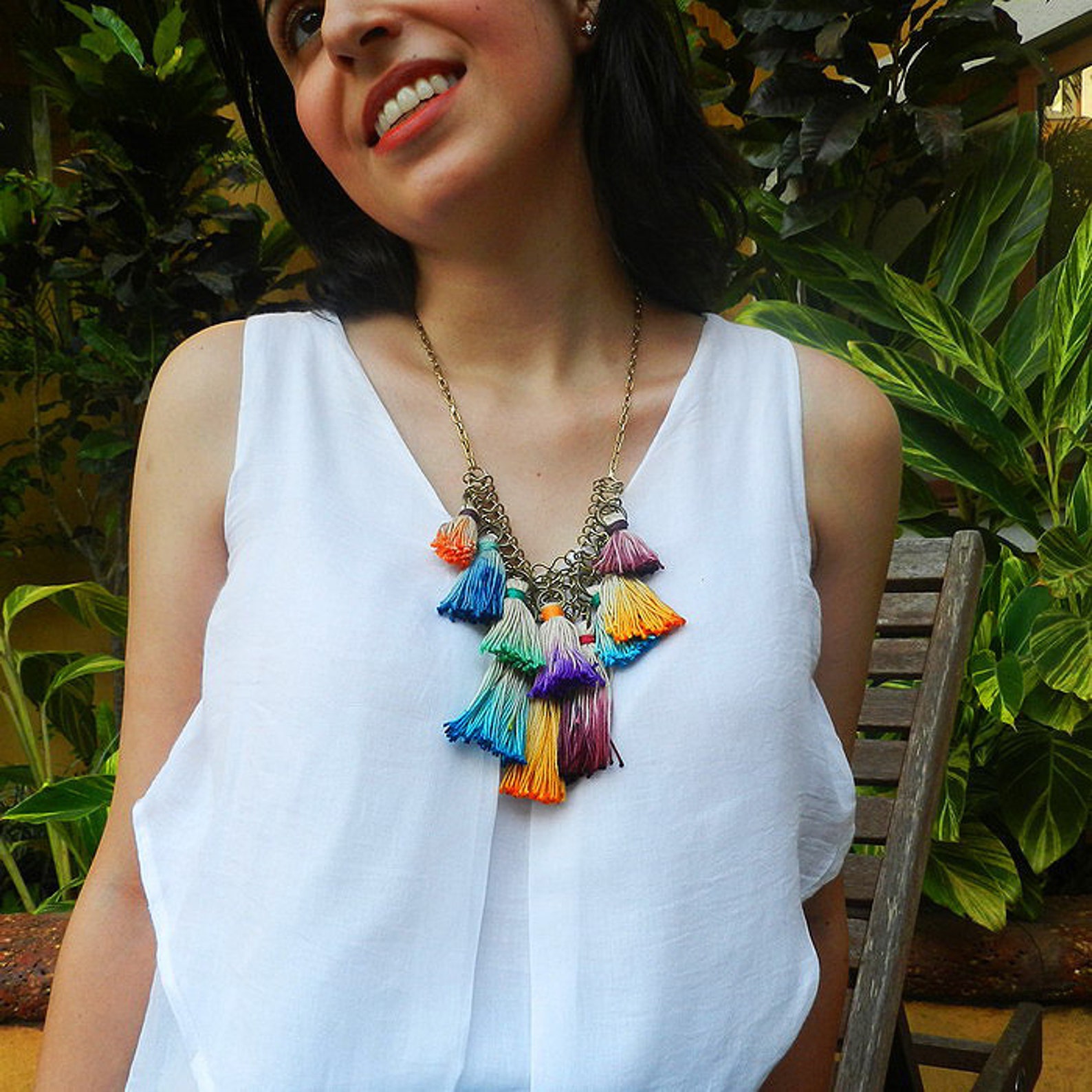 Colorful Ombre Tassel Bib Necklace, Tassel Statement Necklace, Bohemian