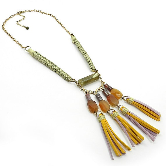 Mustard Tassel Necklace Long Statement Necklace Stone Tassel Jewelry Chunky Necklace Big Tassel Necklace With Stone Beads Yellow Necklace Etsy Canada