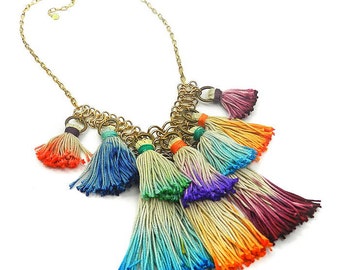 Colorful Ombre Tassel Bib Necklace, Tassel Statement Necklace, Bohemian Tassel Jewelry
