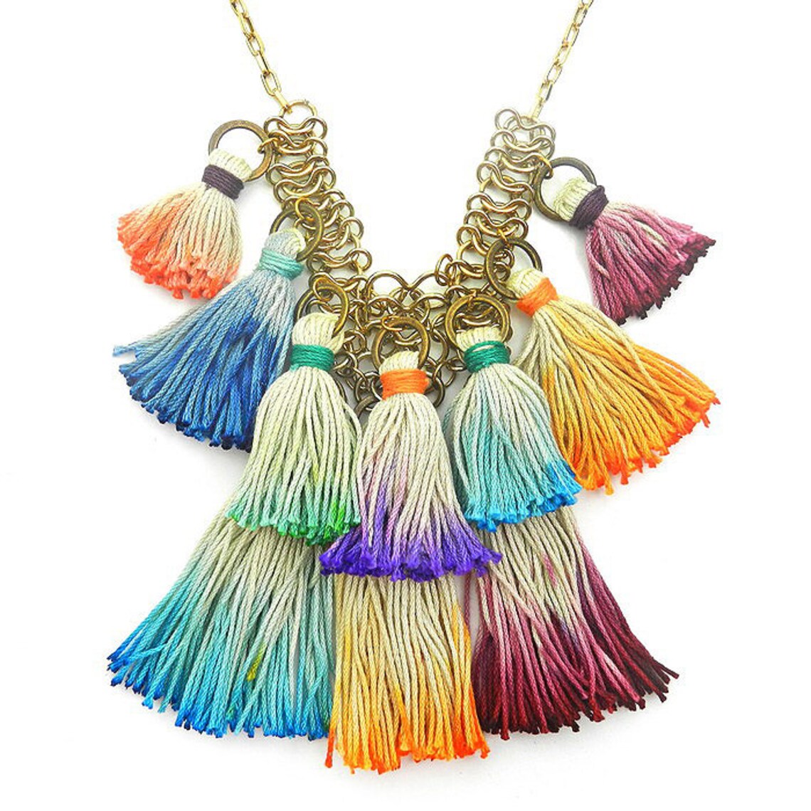 Colorful Ombre Tassel Bib Necklace, Tassel Statement Necklace, Bohemian