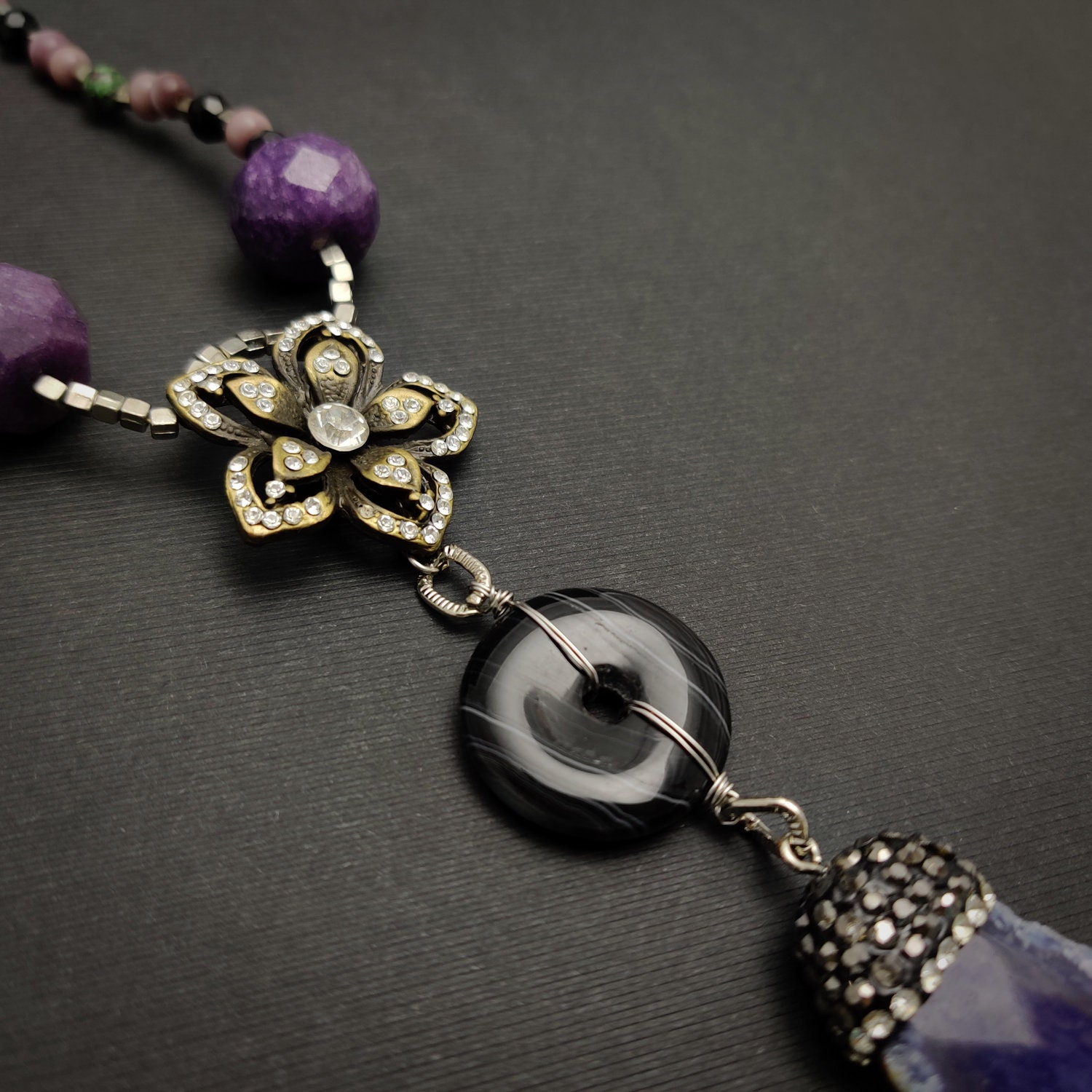 Long Purple Stone Beaded Necklace Chunky Agate Pendant Etsy UK