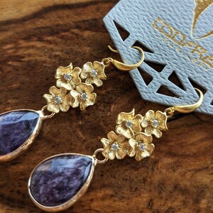Floral Amethyst Earrings, Gold Flower Cluster Earrings with Amethyst Gemstones, Purple and Gold Party Earrings, Floral earrings, Wife Gift image 4