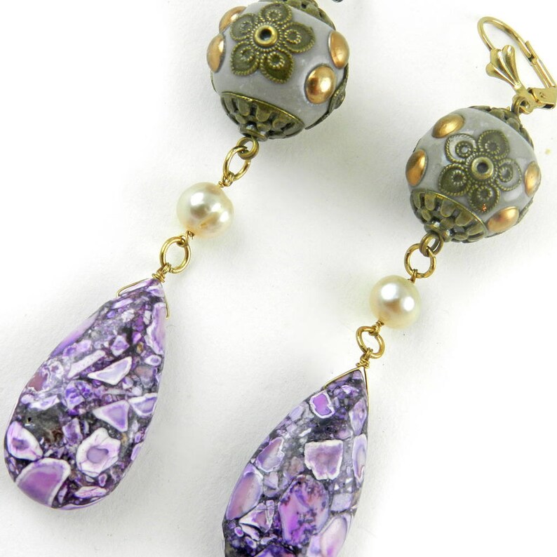 Purple Dangle Earrings Long Lavender Stone Earrings Howlite Etsy