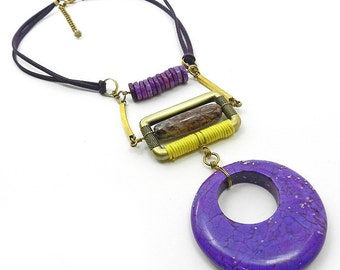 Chunky Modern Stone Necklace Purple Unique Gemstone Statement Necklace Collier Plastron
