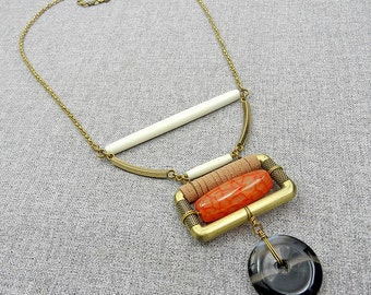 Modern Statement Necklace - Orange and Black - Gemstone Bib Necklace - Agate Statement Necklace - Contemporary Jewelry - Statement Jewelry