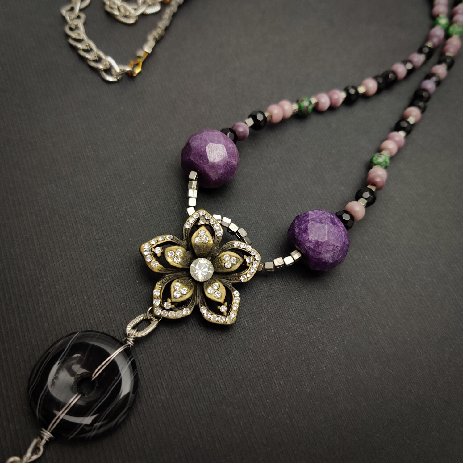 Long Purple Stone Beaded Necklace Chunky Agate Pendant Etsy UK