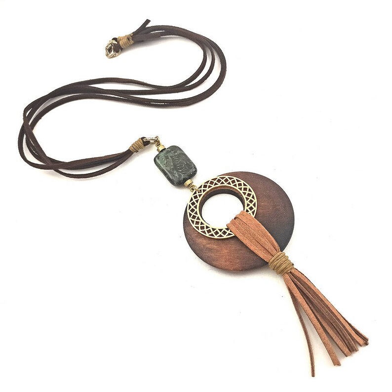 Boho Wooden Necklace Brown and Gold Wood and Leather Necklace Rustic