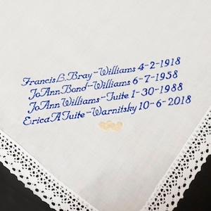 Something Blue, Family Wedding Day Memento, Bouquet Wrap, Gift for the Bride, Custom Embroidered Handkerchief