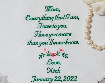 Mother of the Groom Gift From Her Son - Embroidered Ladies Handkerchief - Wedding Hanky - Lace Handkerchief - FREE Gift Box