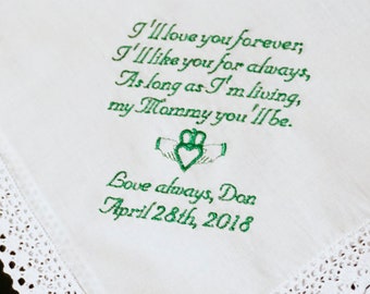 Mother of the Bride Handkerchief, I'll Love You Forever - Wedding Day Keepsake - Thread Born Memories