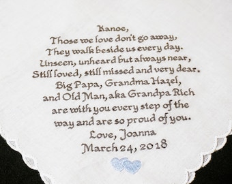 Memorial Keepsake Handkerchief, Custom Embroidered Handkerchief, Wedding Day Memorial, 30-60 Words, FREE Gift Box, Thread Born Memories