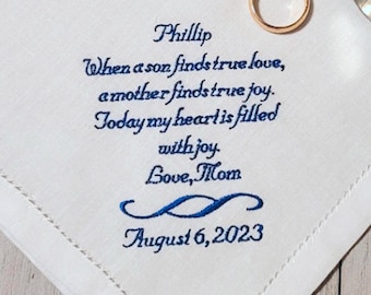 Personalized Handkerchief for the Groom from His Parents. Custom stitched to your specifications.