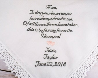 Personalized Mother of the Bride Handkerchief: Wedding Keepsake, Custom Embroidery