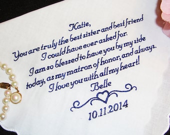 Personalized Sister of the Bride Matron of Honor Handkerchief, Wedding Day Keepsake - Thread Born Memories