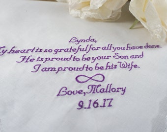 Mother of the Groom Gift - Embroidered Ladies Handkerchief - Wedding Hanky - FREE Gift Box