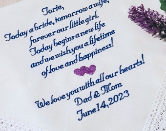 Embroidered Gift for the Bride Wedding Day Keepsake, Custom Handkerchief, FREE Gift Box